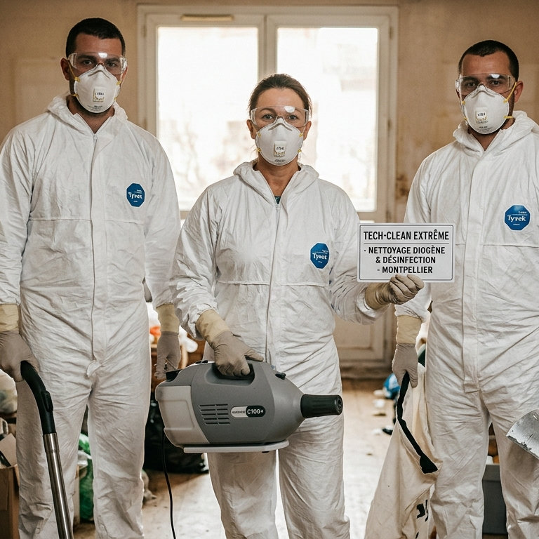 L'équipe Tech-Clean Extrême en intervention de nettoyage professionnel Équipe de nettoyage technique Tech-Clean Extrême équipée de protections EPI et matériel professionnel à Montpellier.